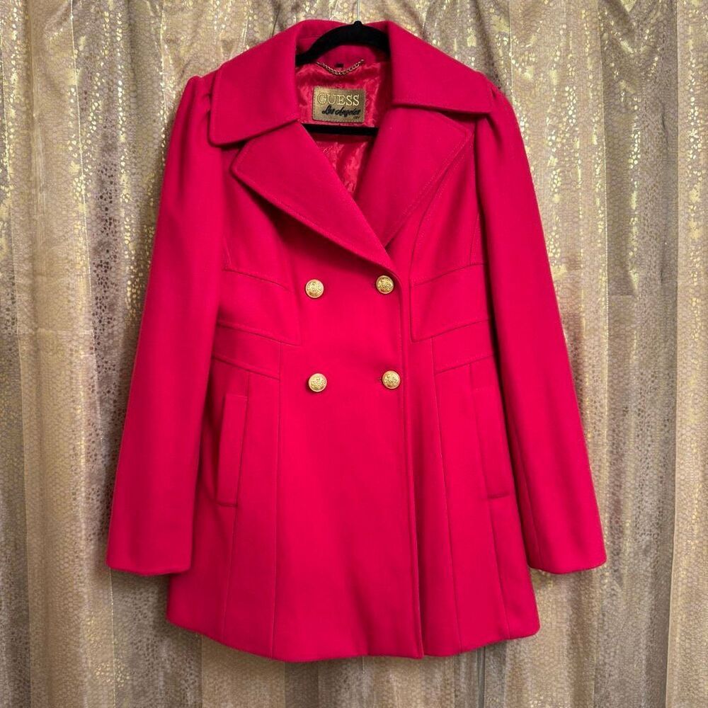 Guess Los Angeles Vibrant Hot Pink Double Breasted Wool Pea Coat Medium